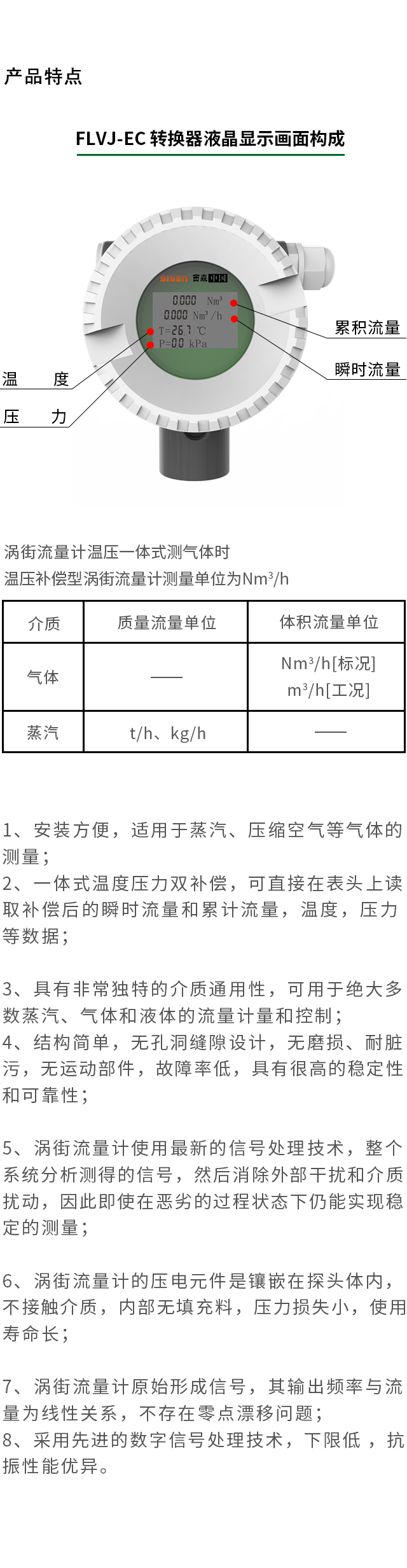 溫壓一體式渦街流量計(jì)產(chǎn)品特點(diǎn)