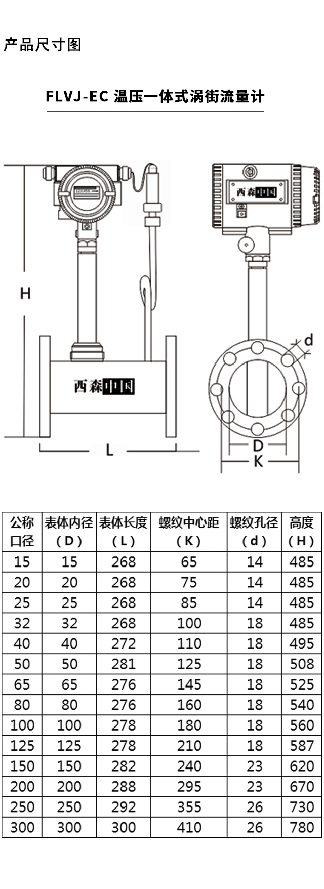 溫壓一體式渦街流量計(jì)產(chǎn)品尺寸